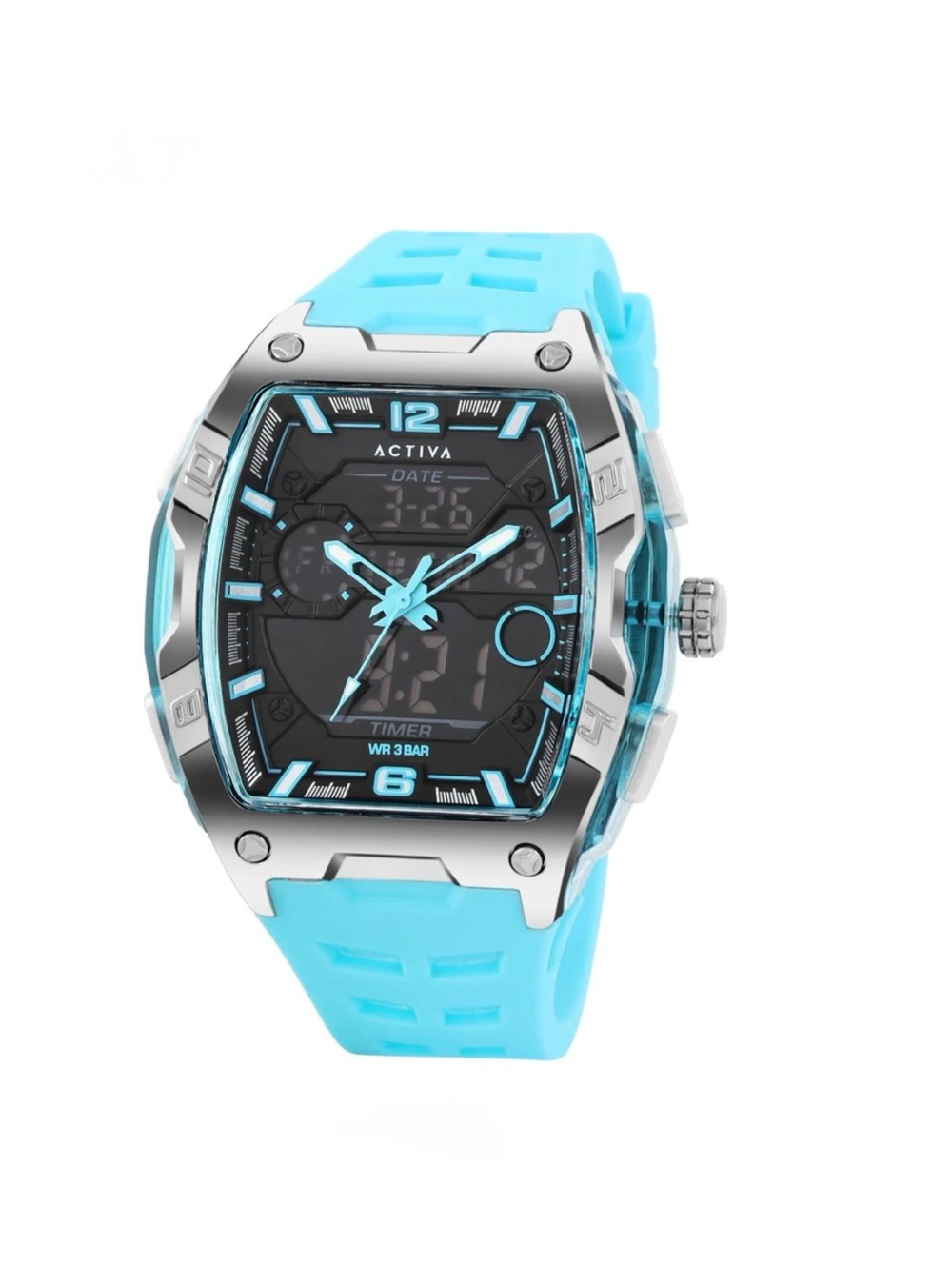Activa Quartz Tonneau Watch - Black Dial, Blue Silicone Strap, Date, 30m